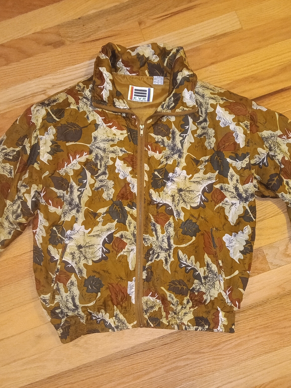 Vintage-Style Leaf Print Puffer Jacket - Mustard Brown